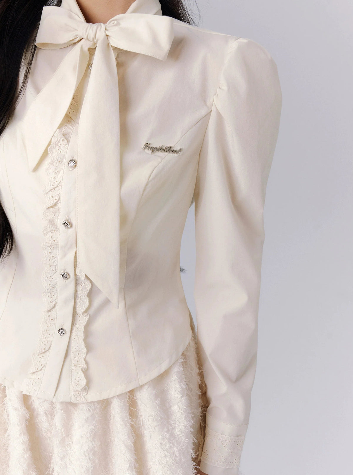 -inspired Cream Puff Sleeve Blouse and Midi Skirt Set