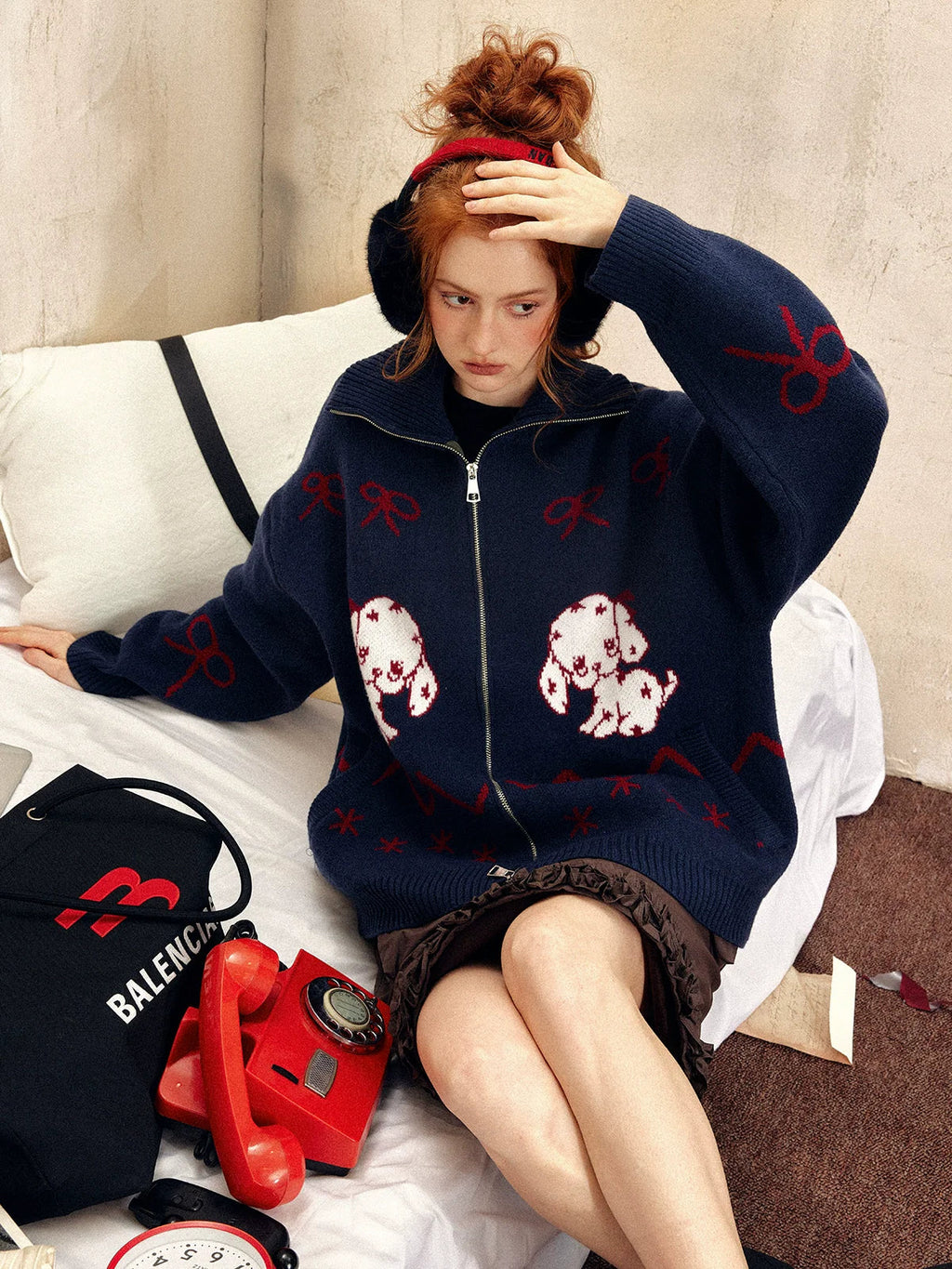 Oversized Zip-up Sweater With Puppy Print