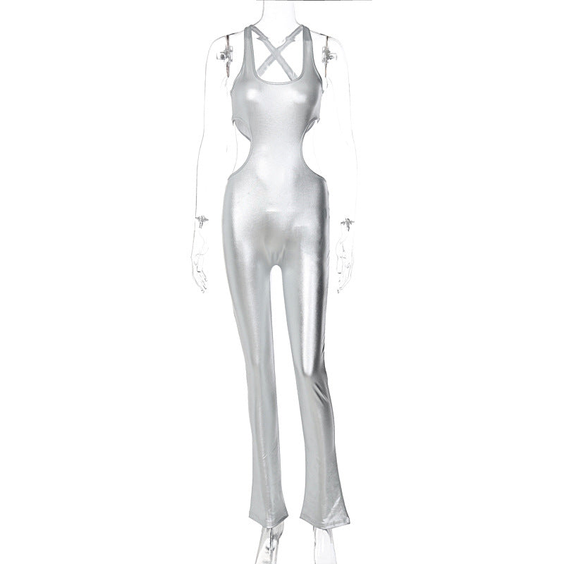 Metallic Coated Fabric Clothing Winter Color Faux Leather Cutout Backless Slim Fit Sling Jumpsuit