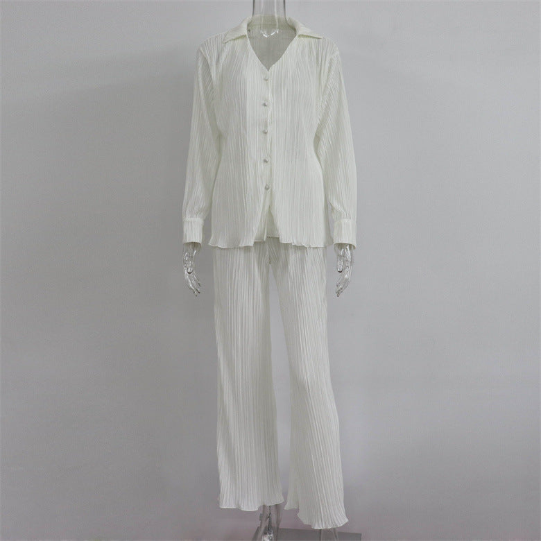 Summer Suit Clothing Pleated Long Sleeve V Neck Shirt Pants Two Piece Set