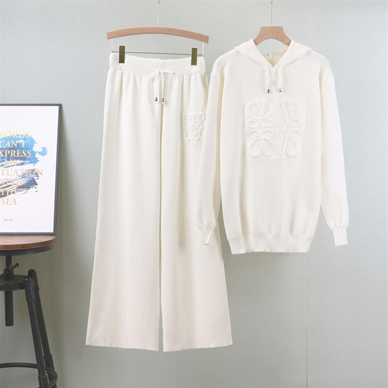Suit Western Russian Hooded Cored Yarn Sweater Wide Leg Pants Knitted Two Piece