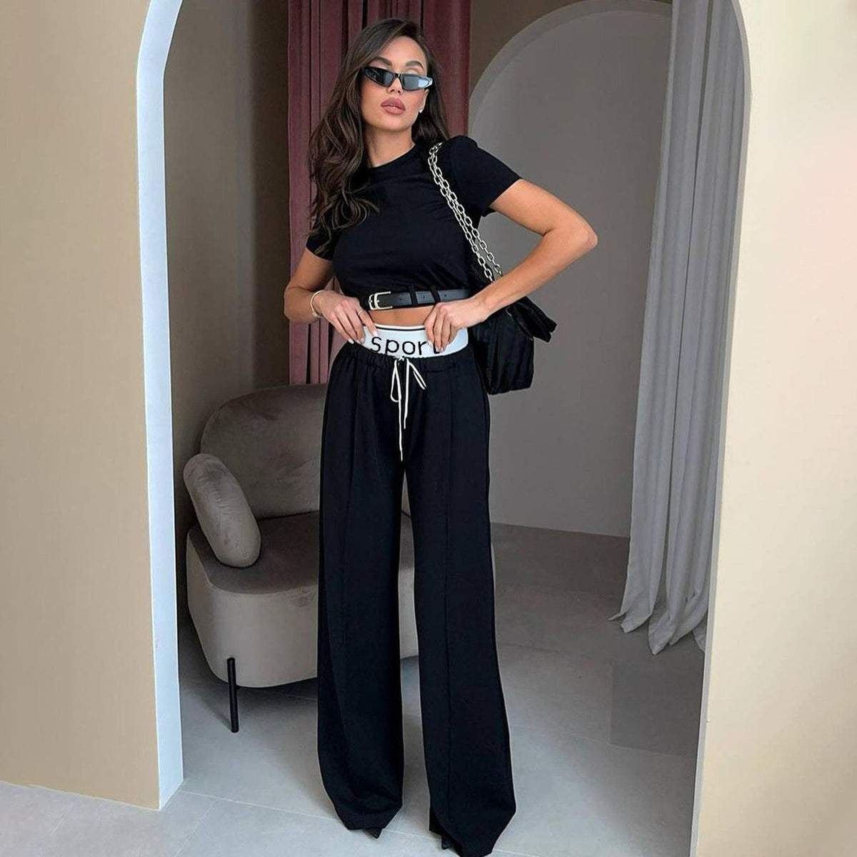Short Sleeve Clothing High Grade Spring Cropped Belt Decorative Small Top Double Waist Sweatpants Two Piece Set