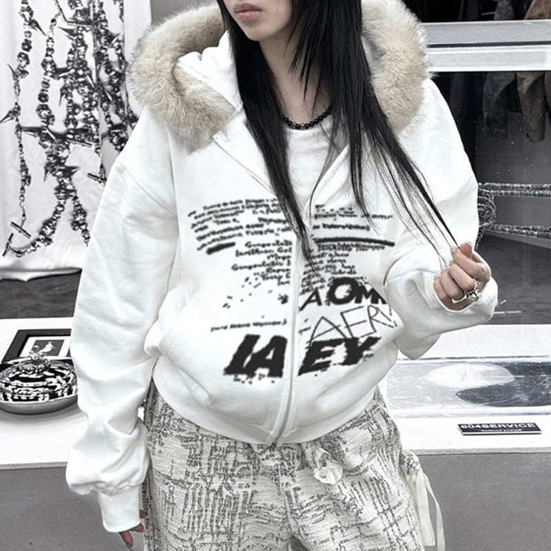 Retro Simple Letter Graphic Print Furry Stitching Hooded Cardigan Top Autumn Winter Thermal Velvet Sweatshirt Coat