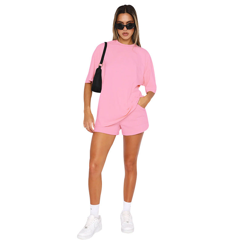 Color Round Neck Half Sleeve Pullover Top Clothing Shorts Suit Summer