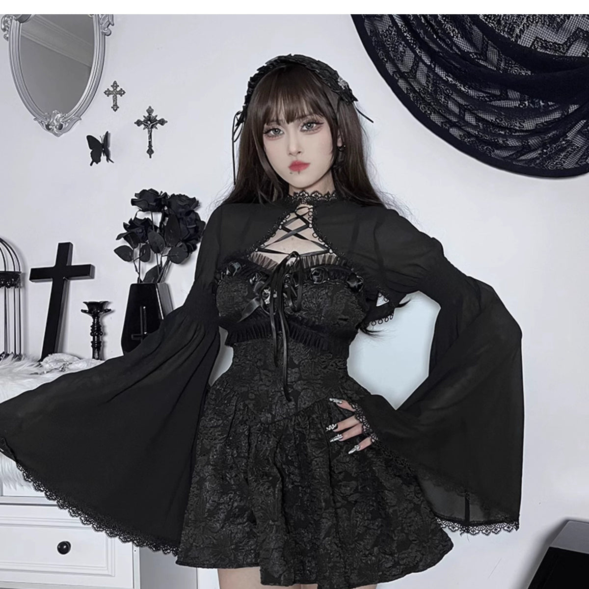 Wannathis Gothic Lolita Dress Set - Black Corset Mini Dress With Lace Bolero and Gloves