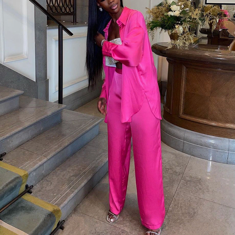 Spring Clothing Stylish Long Sleeves Collared Shirt Wide Leg Pants Suit