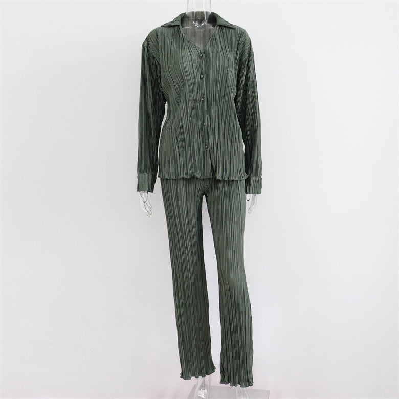 Summer Suit Clothing Pleated Long Sleeve V Neck Shirt Pants Two Piece Set