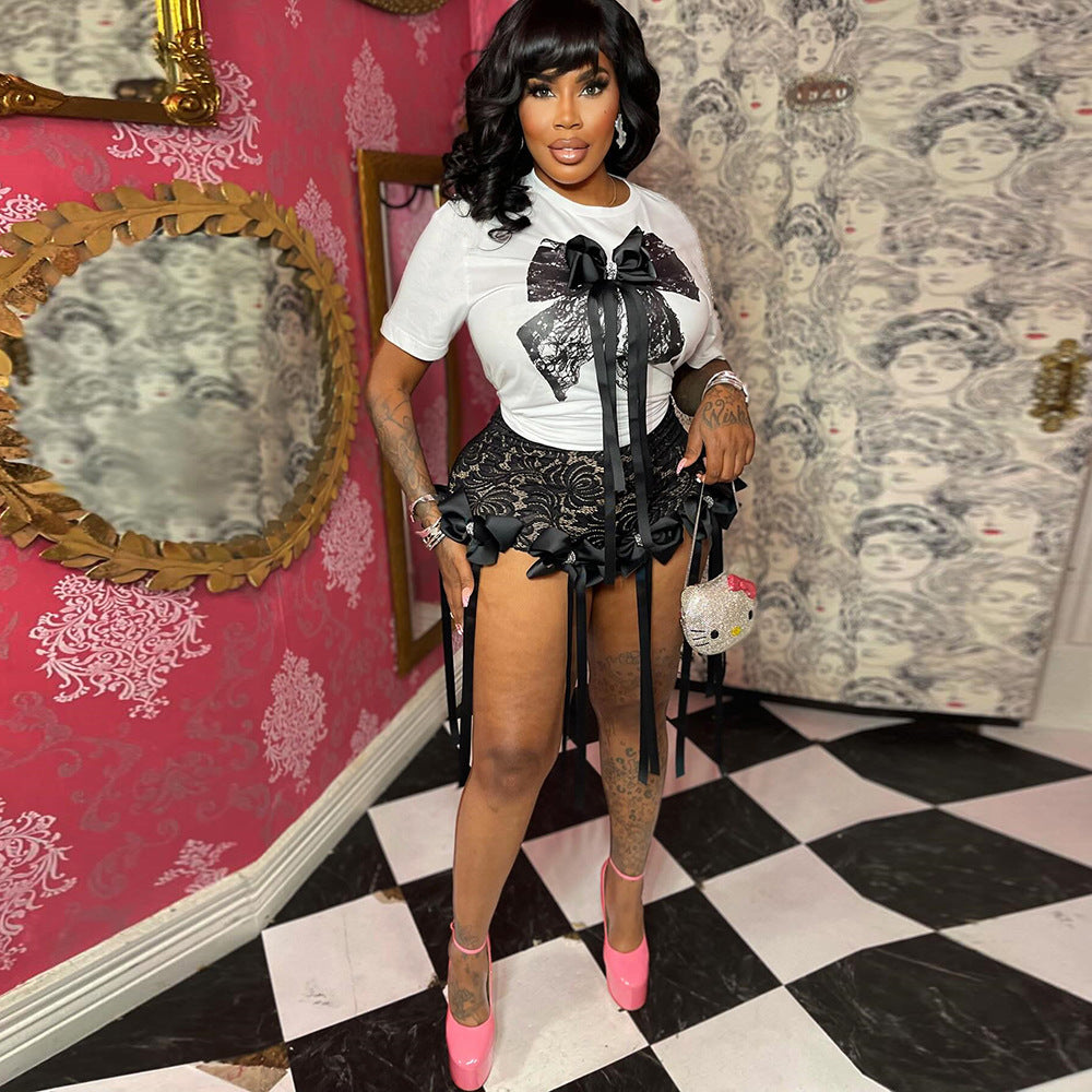 3d Butterfly Print Loose Lazy Top Lace Shorts Suit