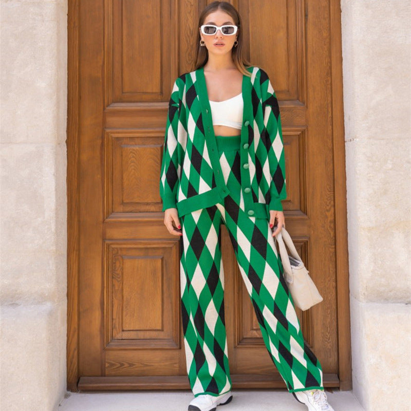 Geometric Abstract Rhombus Knitted Cardigan Autumn Winter Single Breasted Loose Sweater Two Piece Pants