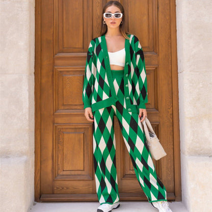 Geometric Abstract Rhombus Knitted Cardigan Autumn Winter Single Breasted Loose Sweater Two Piece Pants