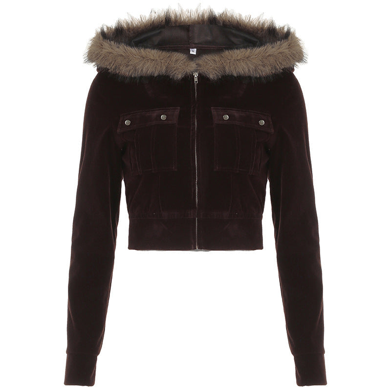 Fur Stitching Hooded Zip Cardigan Pocket Design Jacket Autumn Winter Color Velvet Coat