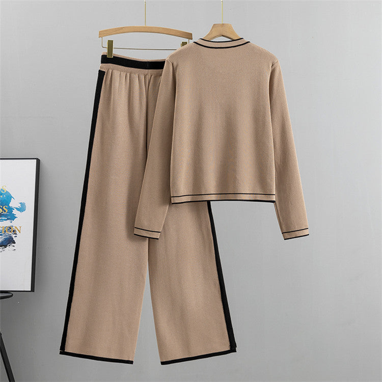 Khaki - Knitted Cardigan Two Piece Set