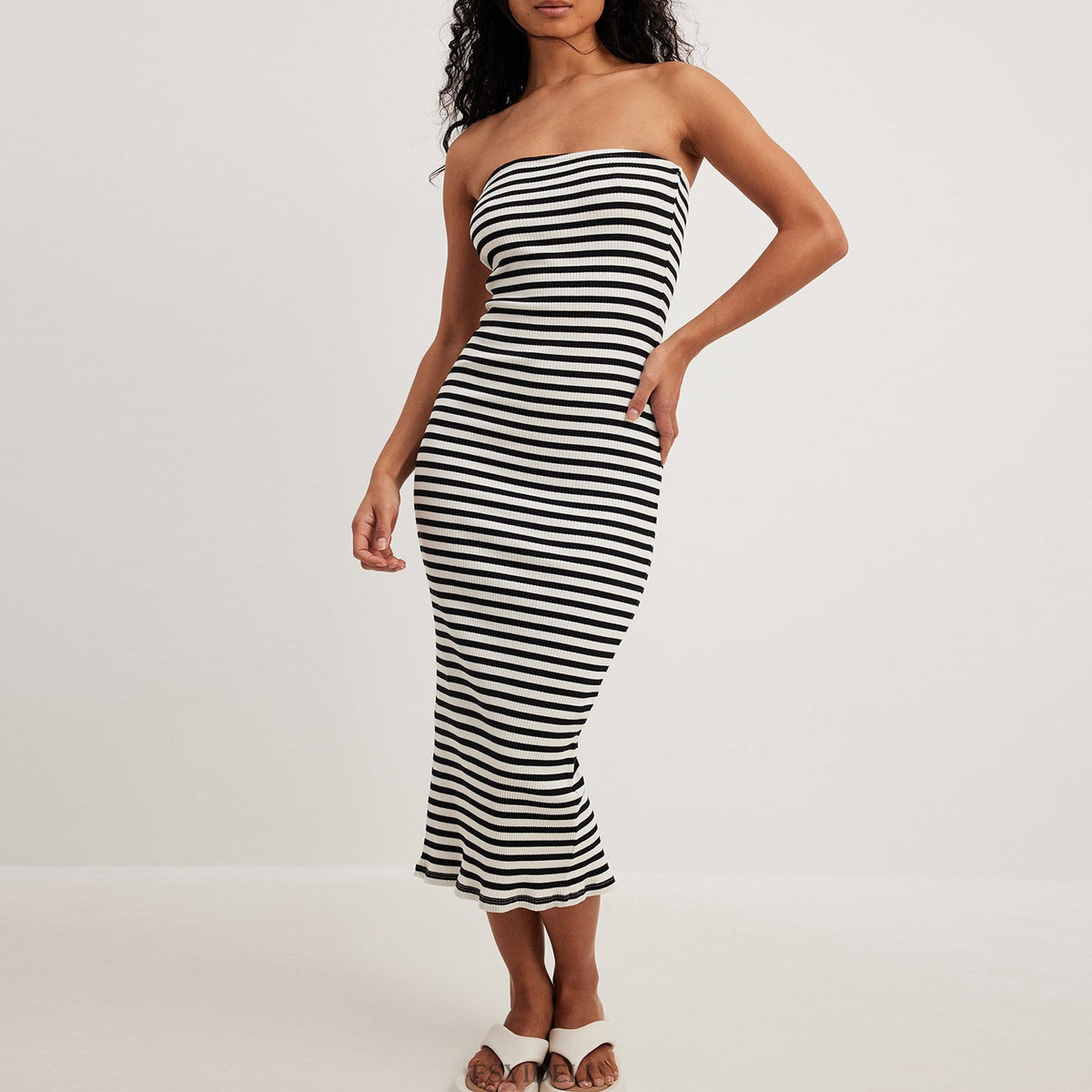 Vacation Dress French Knitted Maxi Dress Summer Striped Stitching Strapless Dress Maxi Dress