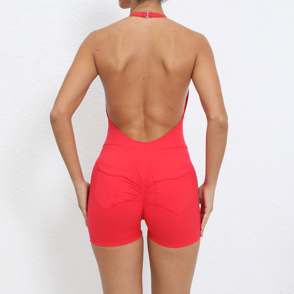 Halter Pocket Nude Feel Hip Lifting Beauty Back Yoga Jumpsuit Backless Fitness Sports Tight Jumpsuit