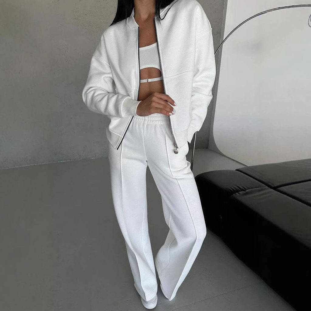 Autumn Winter Zipper Jacket Wide Leg Pants Two Piece Set