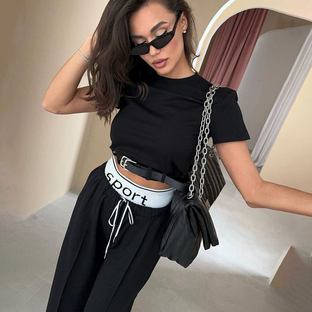Short Sleeve Clothing High Grade Spring Cropped Belt Decorative Small Top Double Waist Sweatpants Two Piece Set