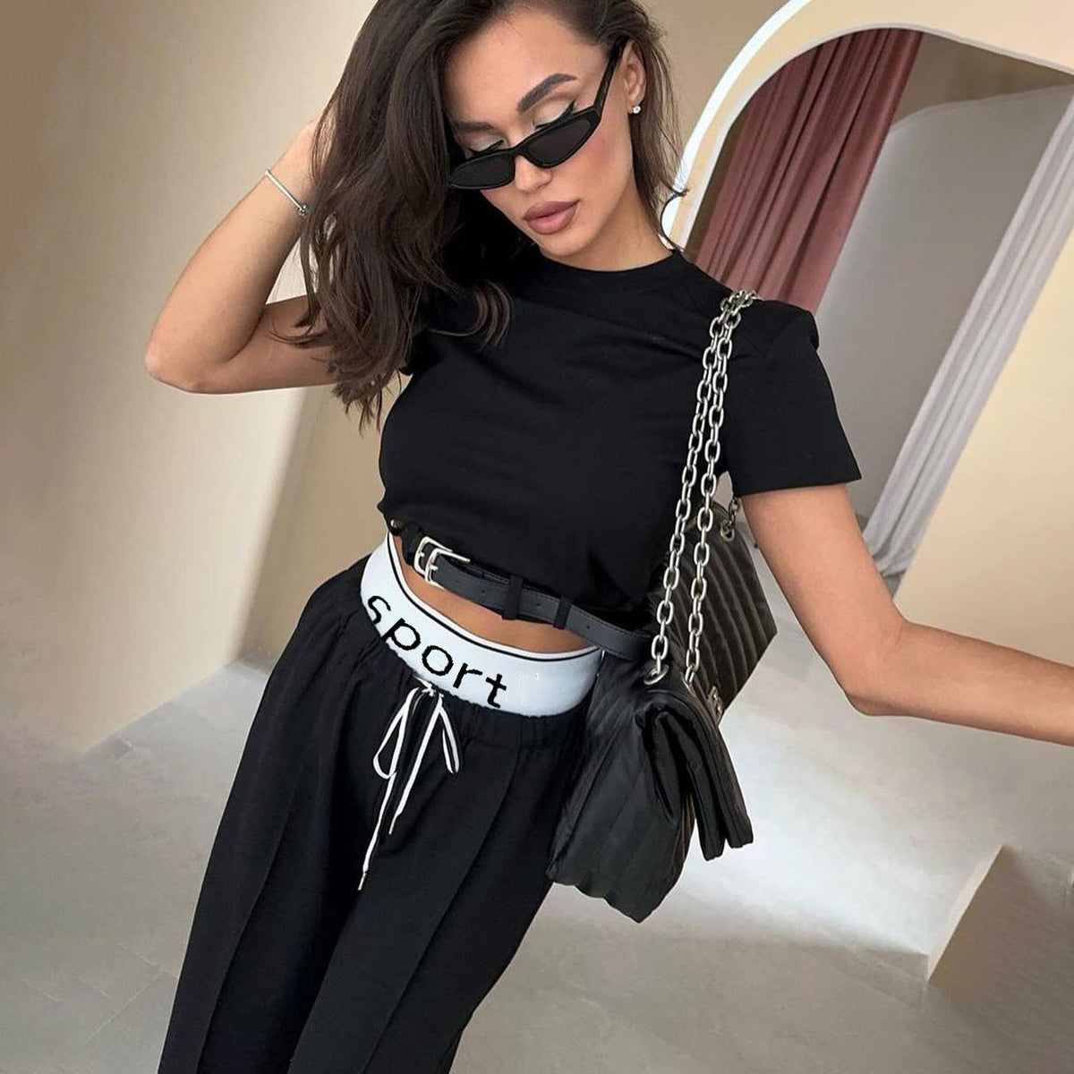 Short Sleeve Clothing High Grade Spring Cropped Belt Decorative Small Top Double Waist Sweatpants Two Piece Set