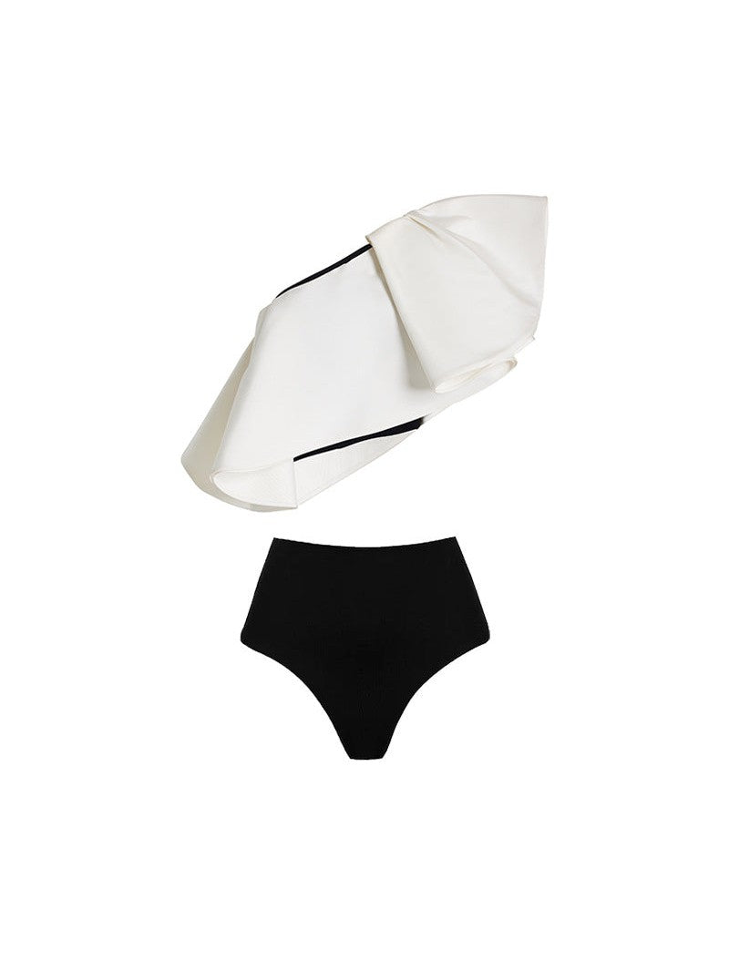 Asymmetric Ruffle Bikini Top With Shorts & Polka Dot Swimsuit Skirt Set