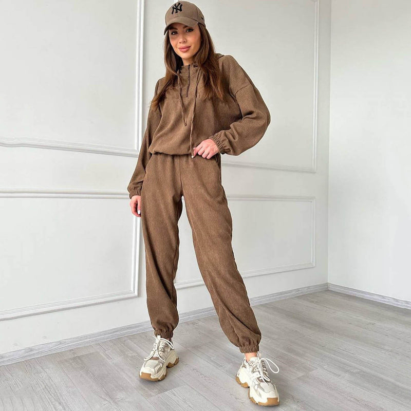 Corduroy Suit Sports Autumn Winter Zipper Hooded Sweatshirt Sweatpants Two Piece Set