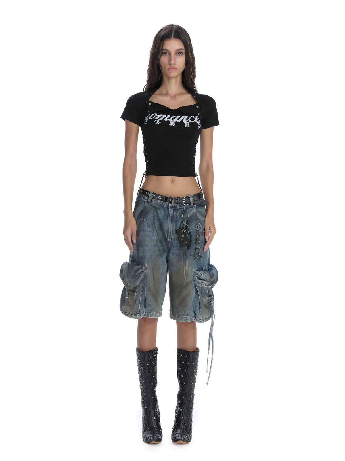 24ans Lace-up Graphic Crop Top - Short Sleeve Side-tie T-shirt