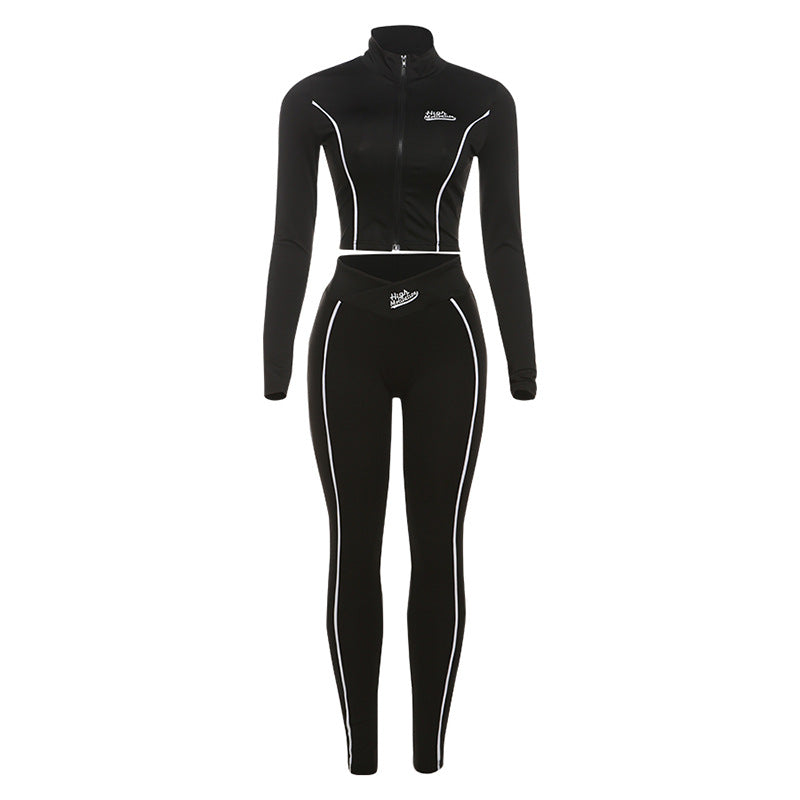Autumn Winter Cropped Long Sleeve Top Slim Hip Pants Set