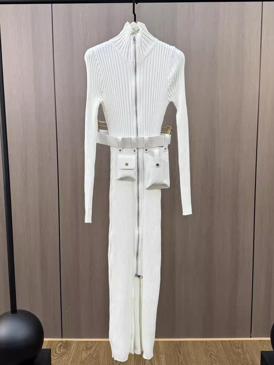 Long Dress Autumn Pocket Belt Design Waist Tight Slimming Knitted Dress