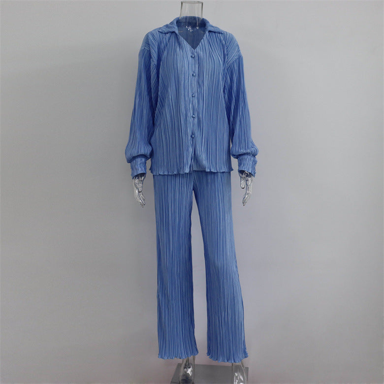 Summer Suit Clothing Pleated Long Sleeve V Neck Shirt Pants Two Piece Set
