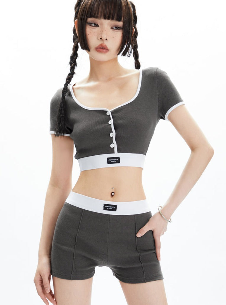 Black and White Contrast Trim Crop Top and Shorts Set