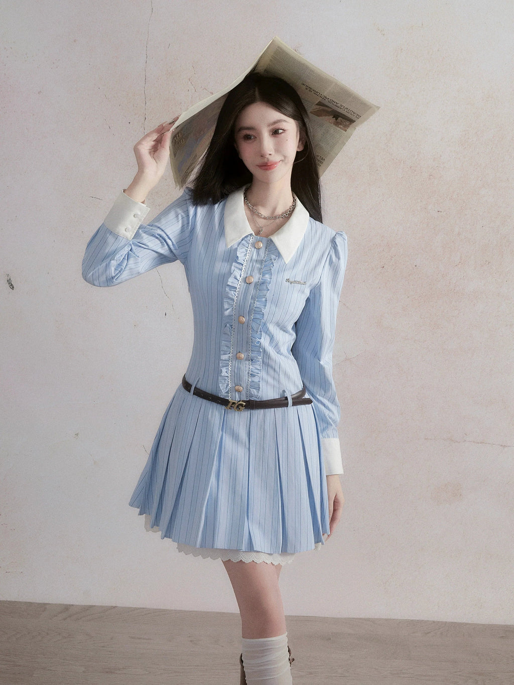 -inspired Ruffled Chambray Mini Dress With Belt