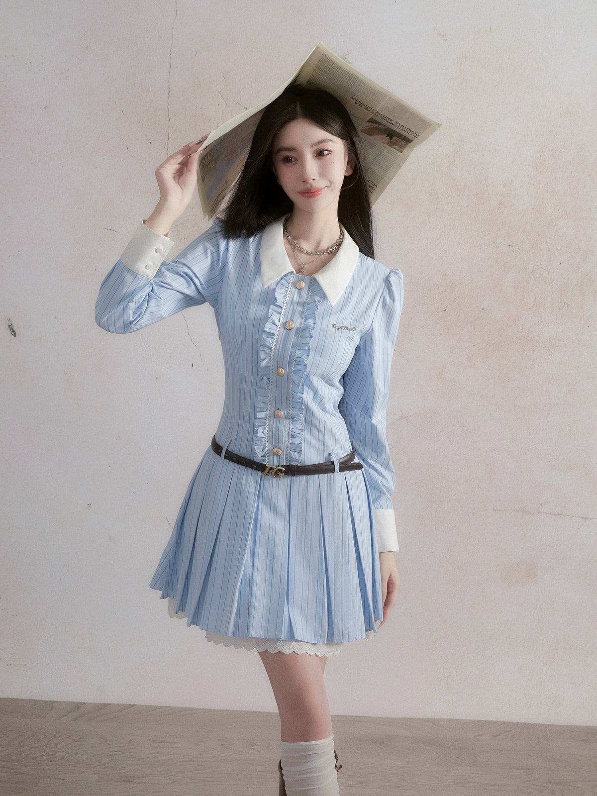-inspired Ruffled Chambray Mini Dress With Belt