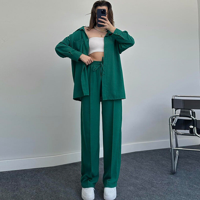 Suit Autumn Winter Long Sleeved Shirt Pleated Elastic Waist Pants Two Piece Set