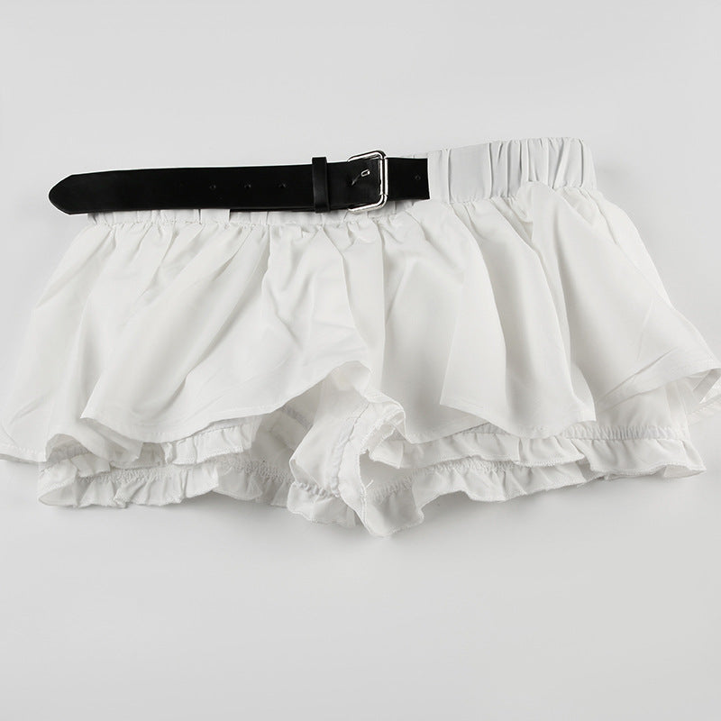 Color Block Low Waist Belt Ruffle a Line Mini Skirt