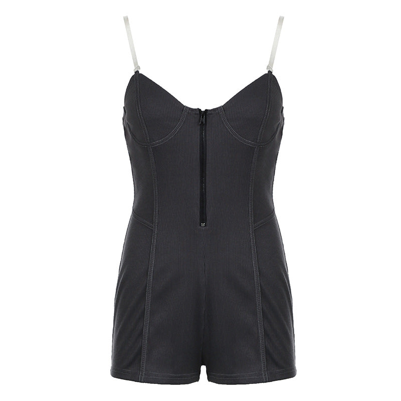 Tube Top See Through Bra Straps Distressed Rib Jumpsuit Personality Suspender Shorts
