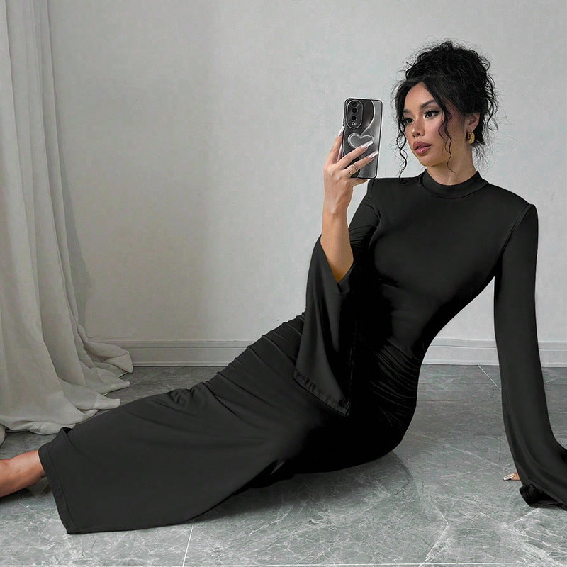 Clothing Slim Fit Color Round Neck Split Cuff Maxi Dress