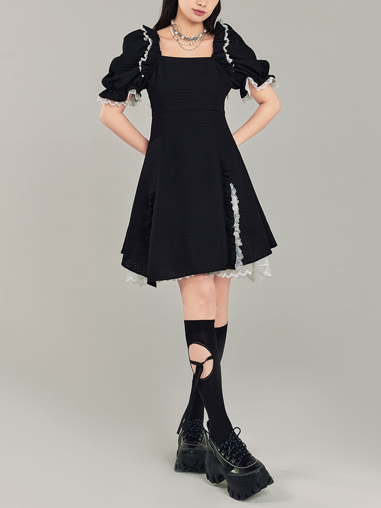 Puff Sleeve Black Square Neck Dress