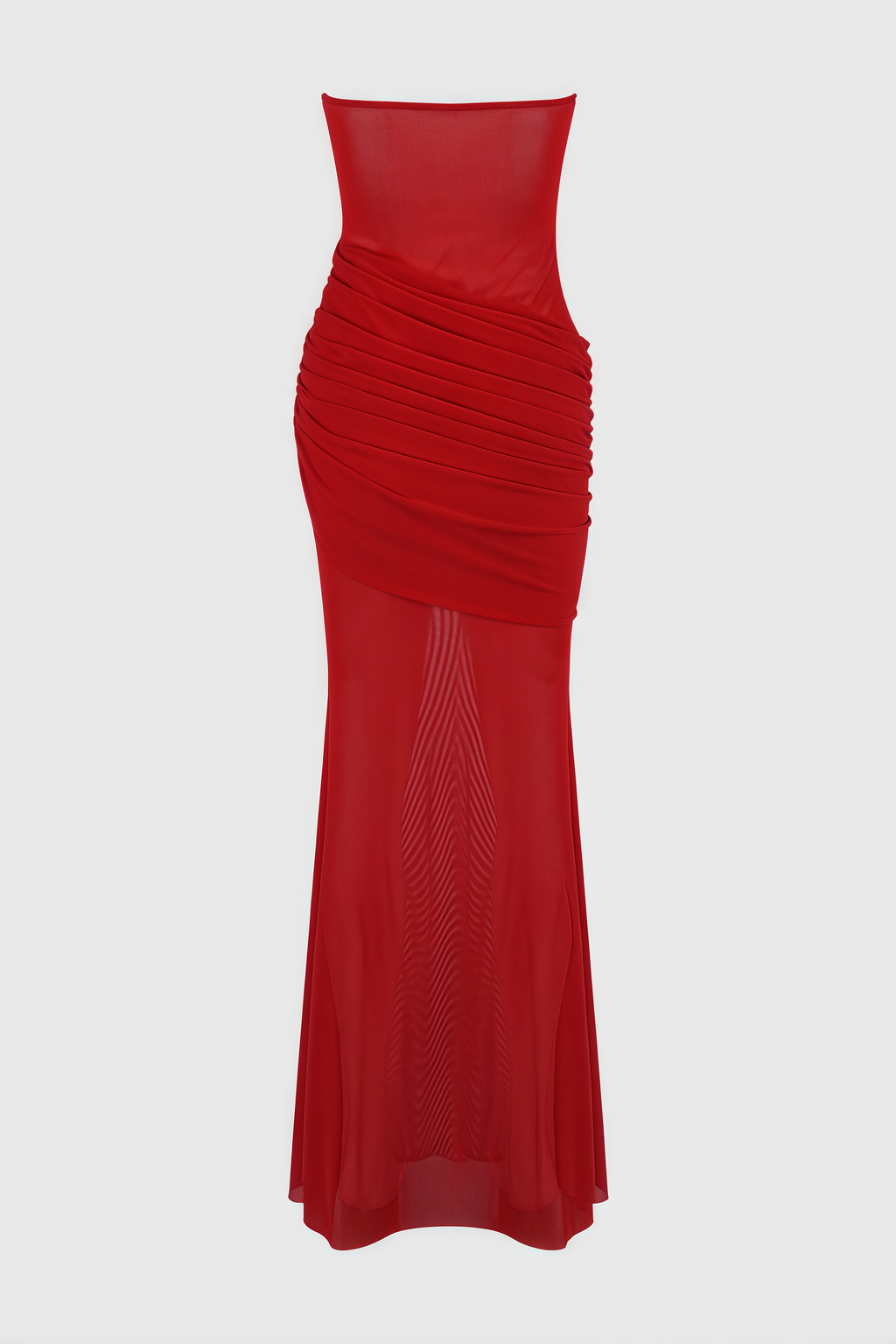 Nydia Red Strapless Sheer Mesh Maxi Dress