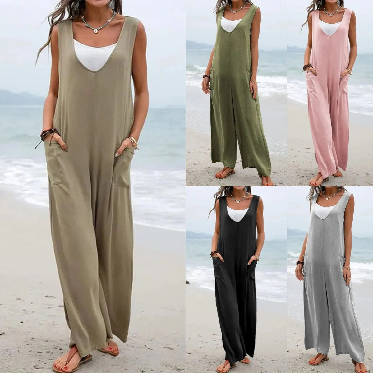 Summer Popular Color Stickers Bags Jumpsuit V Neck Suspender Pants Wide Leg Trousers for