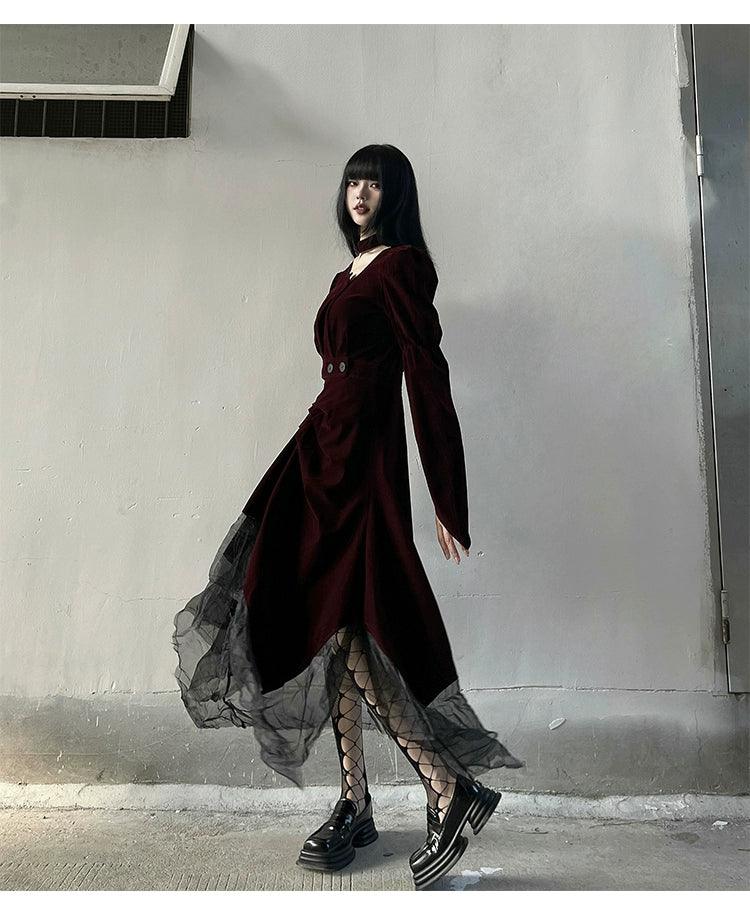 Ladyghost Gothic Victorian Maxi Dress - Burgundy Velvet and Black Mesh Layered Gown With Corset Belt