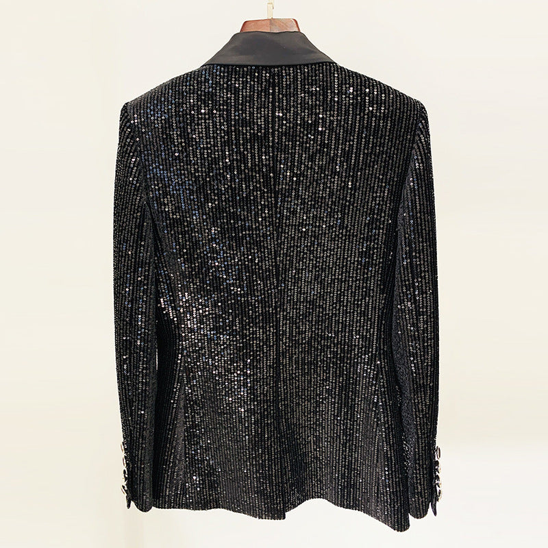 Goods Gold Velvet Sequined Double Breasted Blazer Slim Fit Skinny Pants Set