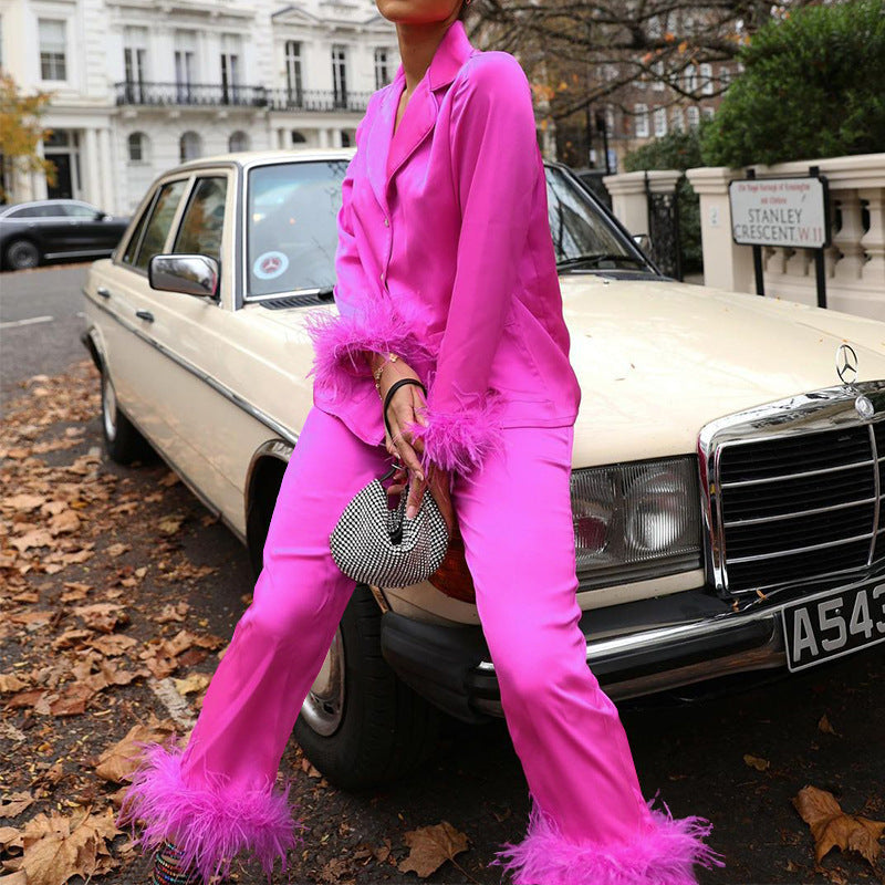 Spring Set Collar Top Straight Pants Satin Two Piece Blazer Set