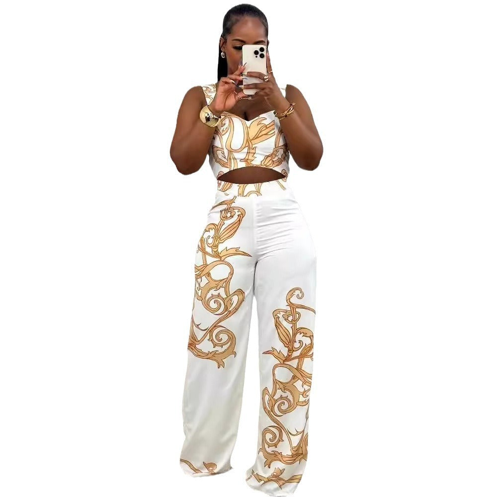Printed Suspenders High Waist Wide Leg Pants Two Piece Set