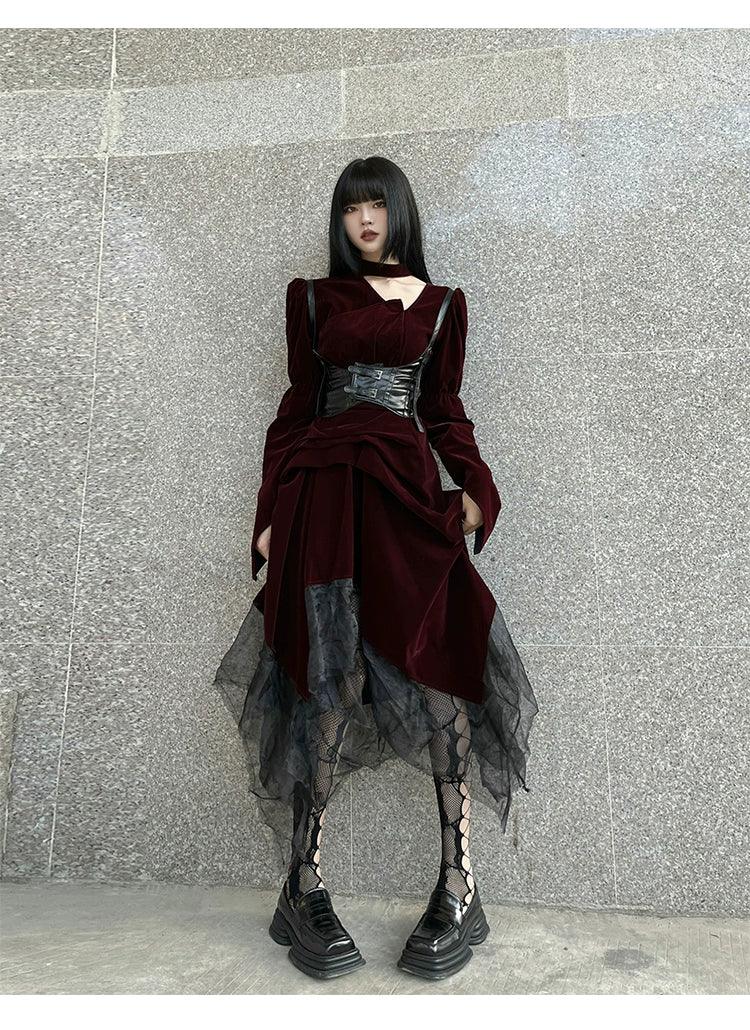 Ladyghost Gothic Victorian Maxi Dress - Burgundy Velvet and Black Mesh Layered Gown With Corset Belt