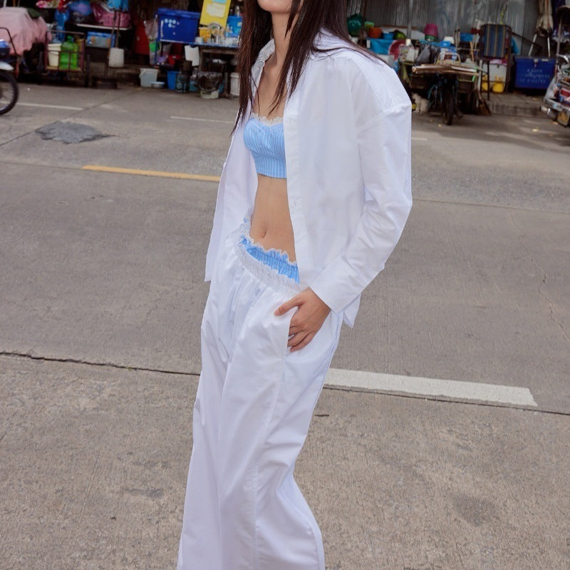 Fall Three-piece Suit Color Inner Wear Long Sleeve Shirt Wide Leg Pants