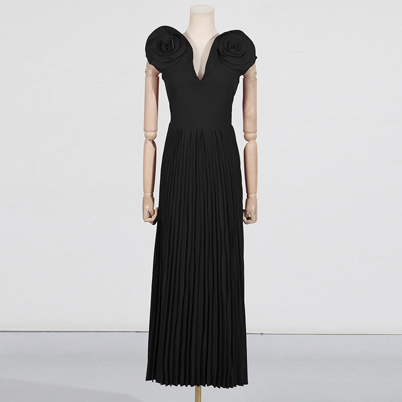 Socialite Large Formal Dress Early Spring V Neck High Waist Pleated Maxi Dress