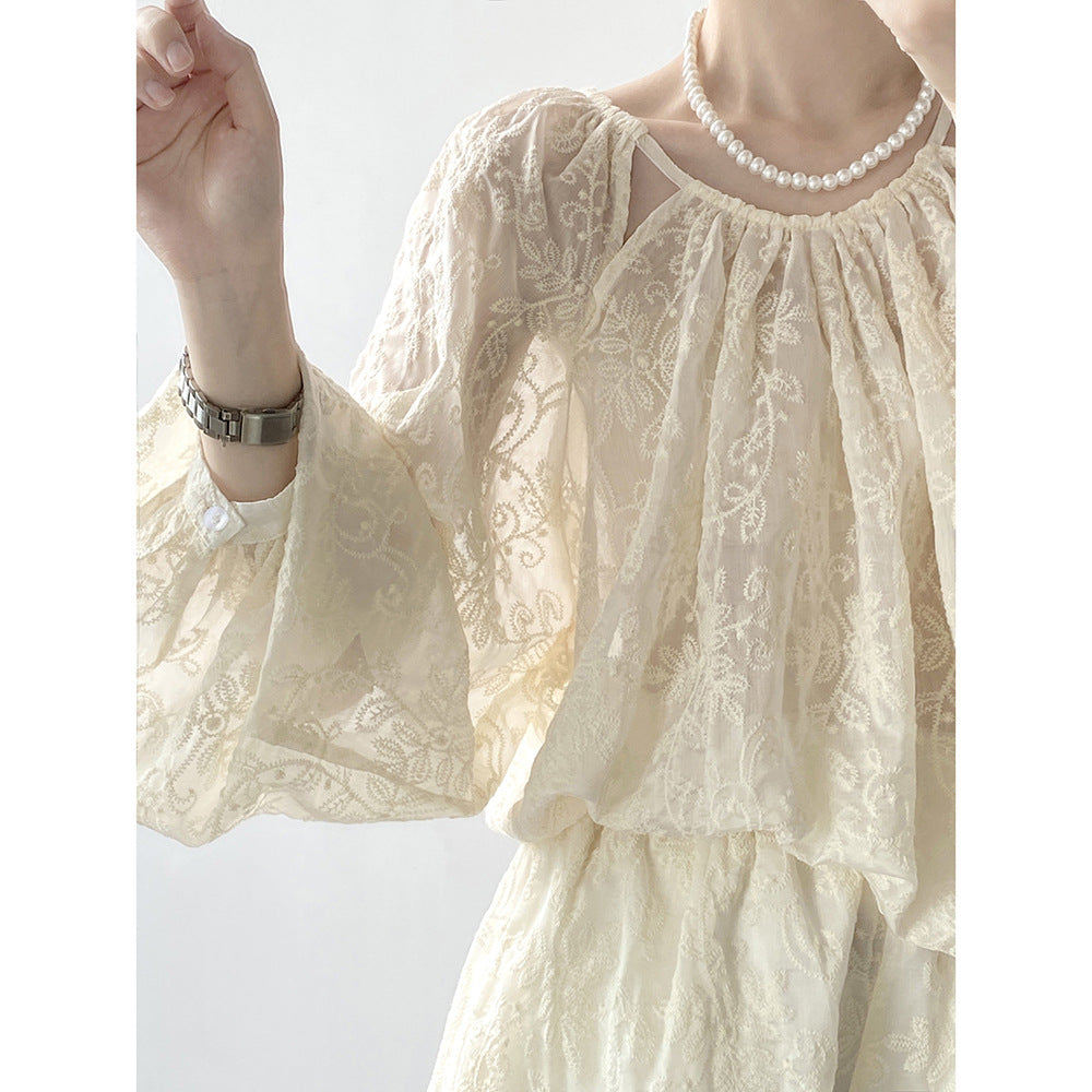 Tencel Embroidery Long Sleeve Set Summer Embroidery Top Shorts Two Piece Set