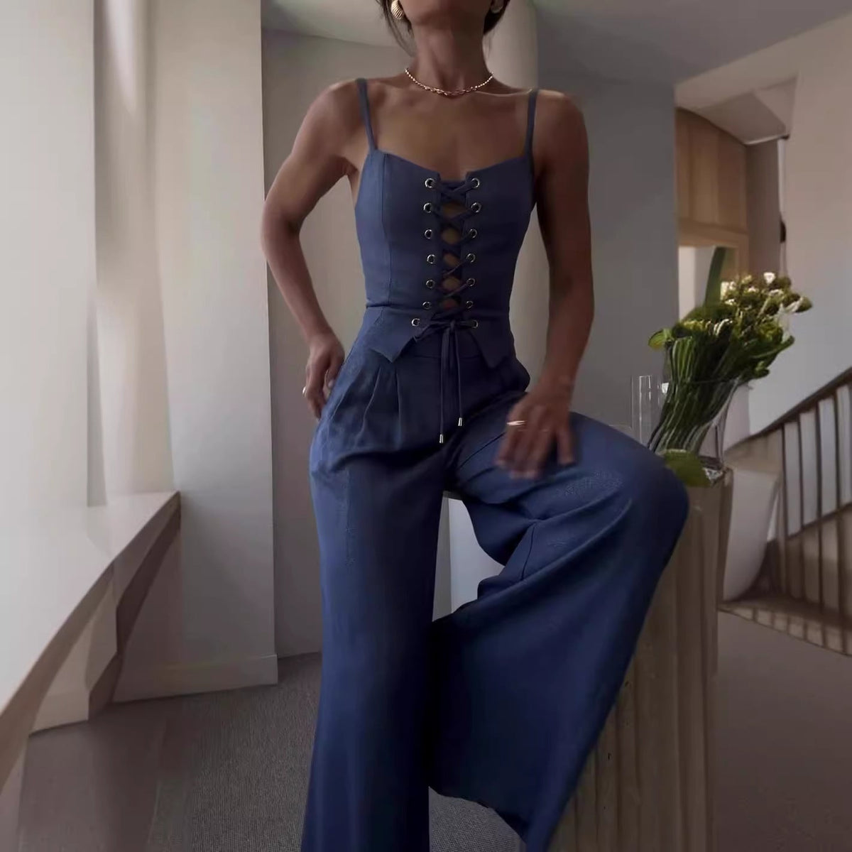 Summer Cutout Tied Top Wide Leg Pants Suit