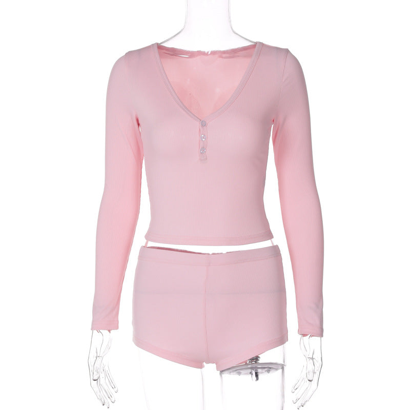 Low Cut V Neck Tight Long Sleeved Top Sports Super Short Shorts Two Piece Set