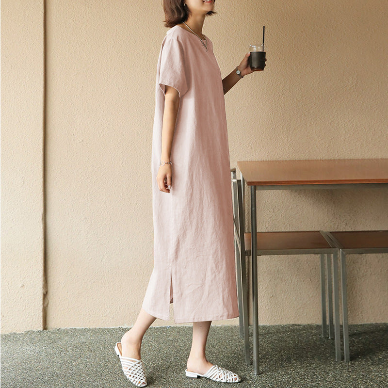Spring Summer Dress Cotton Linen Niche Clothing Cotton Short Sleeve Simple Loose Maxi Dress