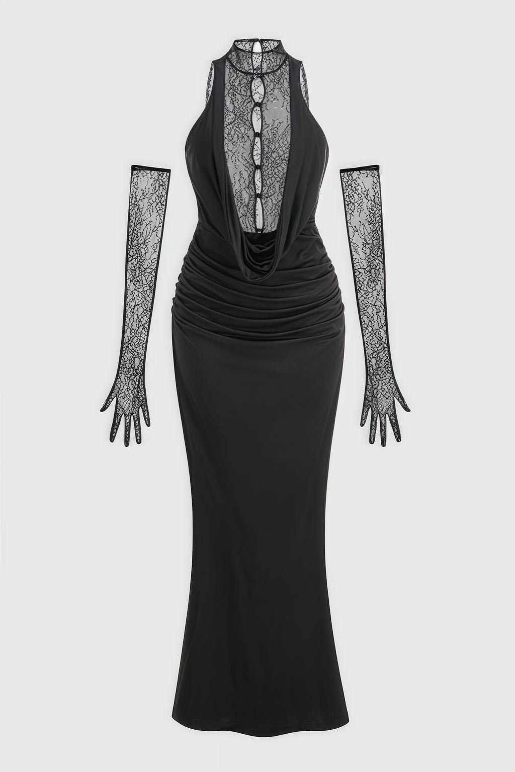 Lazze Black Plunge Cowl Neck Maxi Dress
