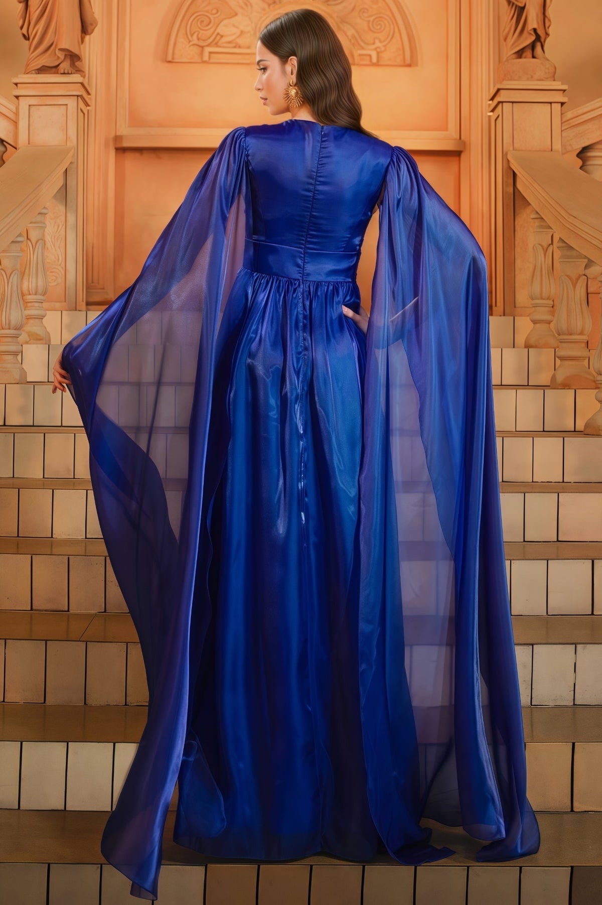 Joren Blue Long Sleeve Round Neck Maxi Dress